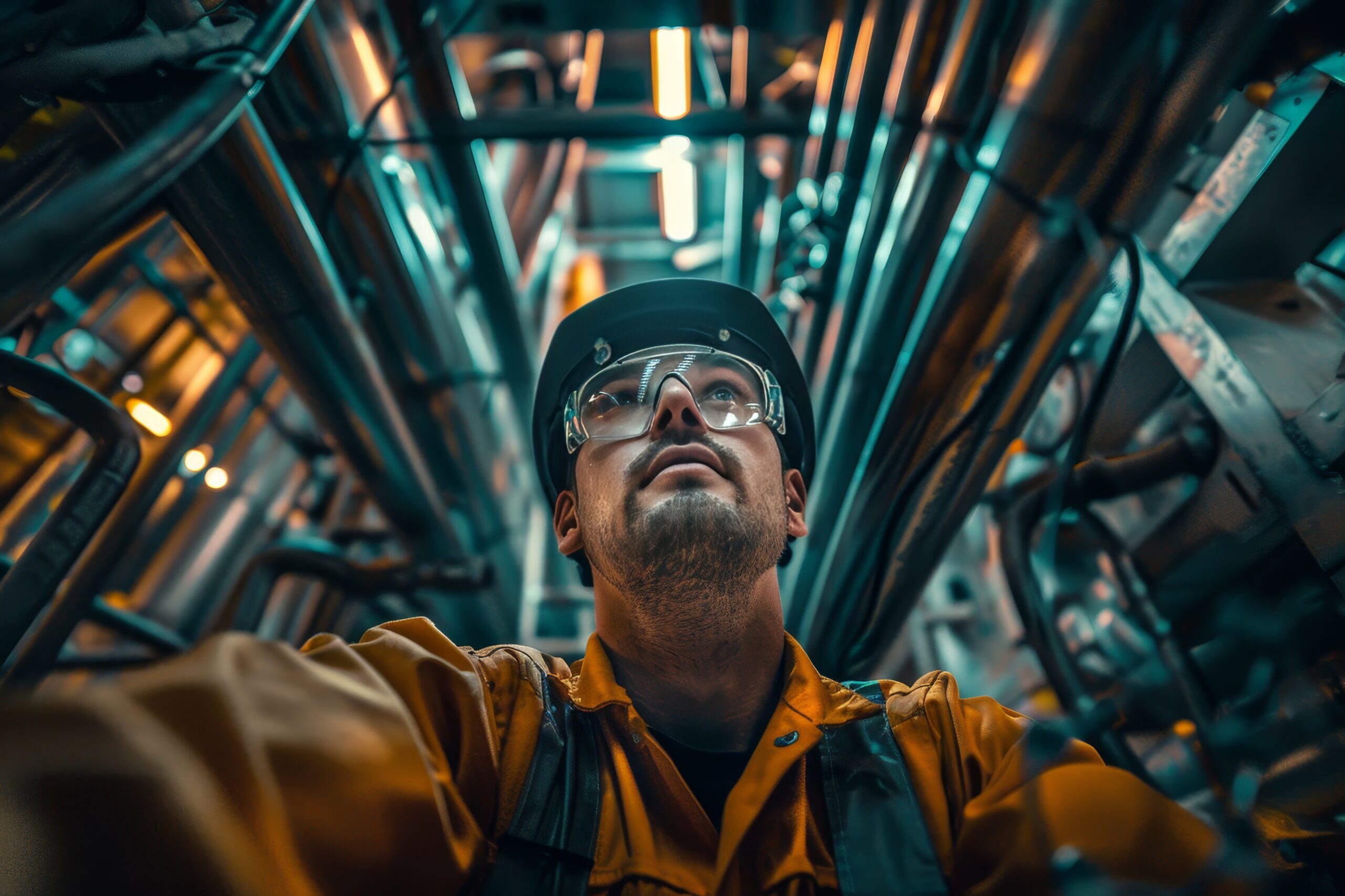 A man in a yellow jacket is looking up at a pipe